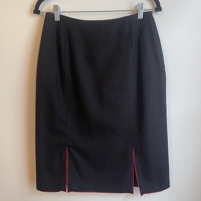 Vintage Willi Smith Collection Black Wool Skirt w Red Peek-a-Boo Vents Size 8
