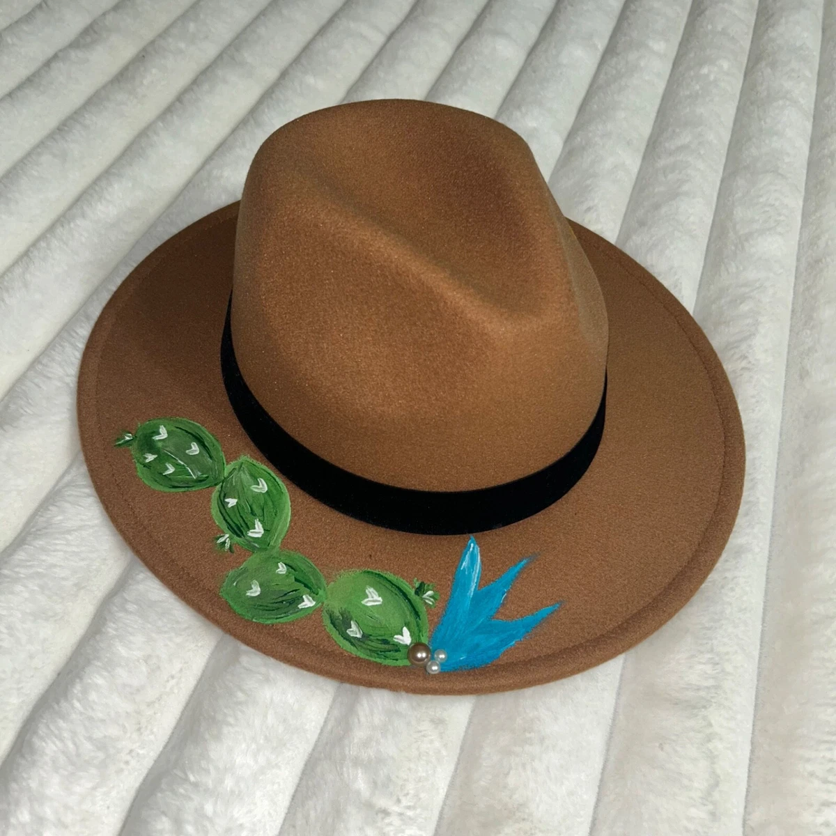 Hand Painted Acrylic Paint Cactus Brown Suede Adjustable Sun  display picture 2