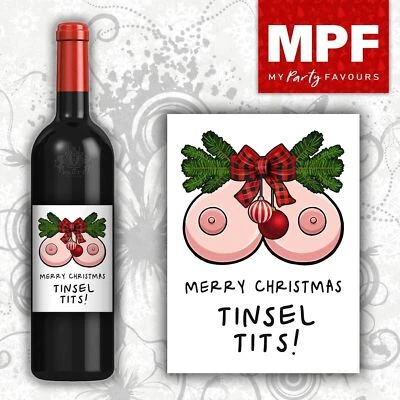 MY PARTY FAVOURS Funny CHRISTMAS Tinsel Wine Gin Vodka Bottle Label - Secret Santa Rude
