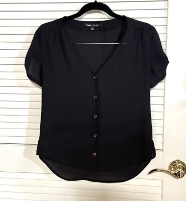 Sweet Rain Top Size XS Black Blouse Button Up V Neck Sheer Women EUC