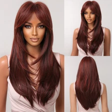 Women Synthetic Wigs Long Straight Reddish Brown Highlight Hair Wigs with Bangs 