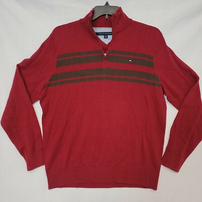 Tommy Hilfiger 1/4 Zip Sweater Adult Size XL Striped Pullover Red Brown Mens