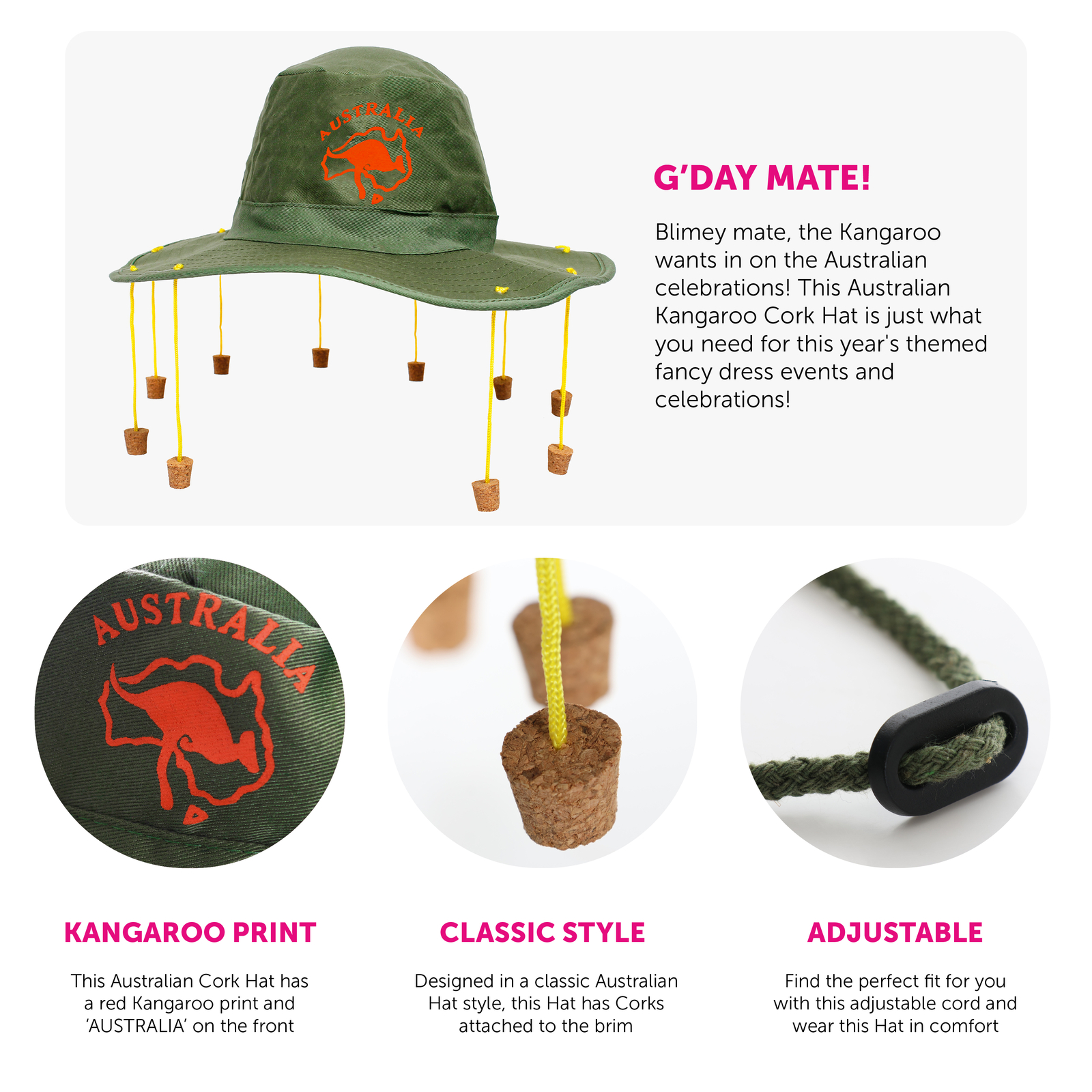 AUSTRALIA COSTUME CORK HAT + KANGAROO INFLATABLE AUSSIE DAY CROCODILE DUNDEE image 2