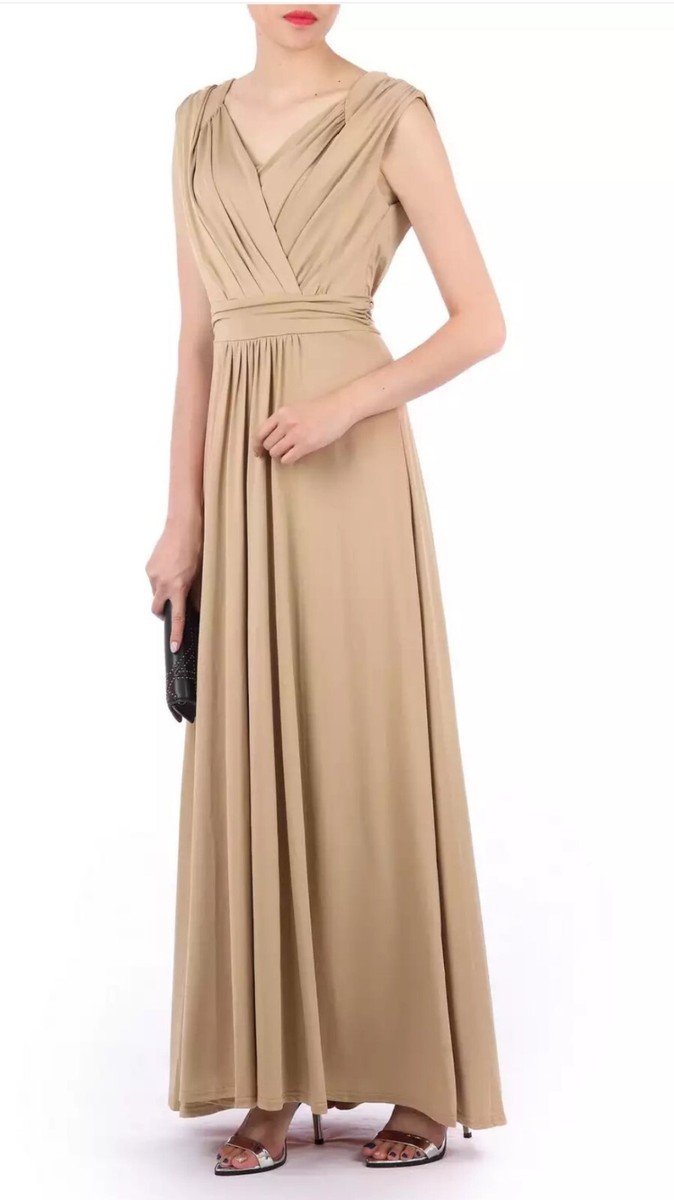 Jolie Moi Light Brown Plunge Wrap Front Maxi Dress UK 12