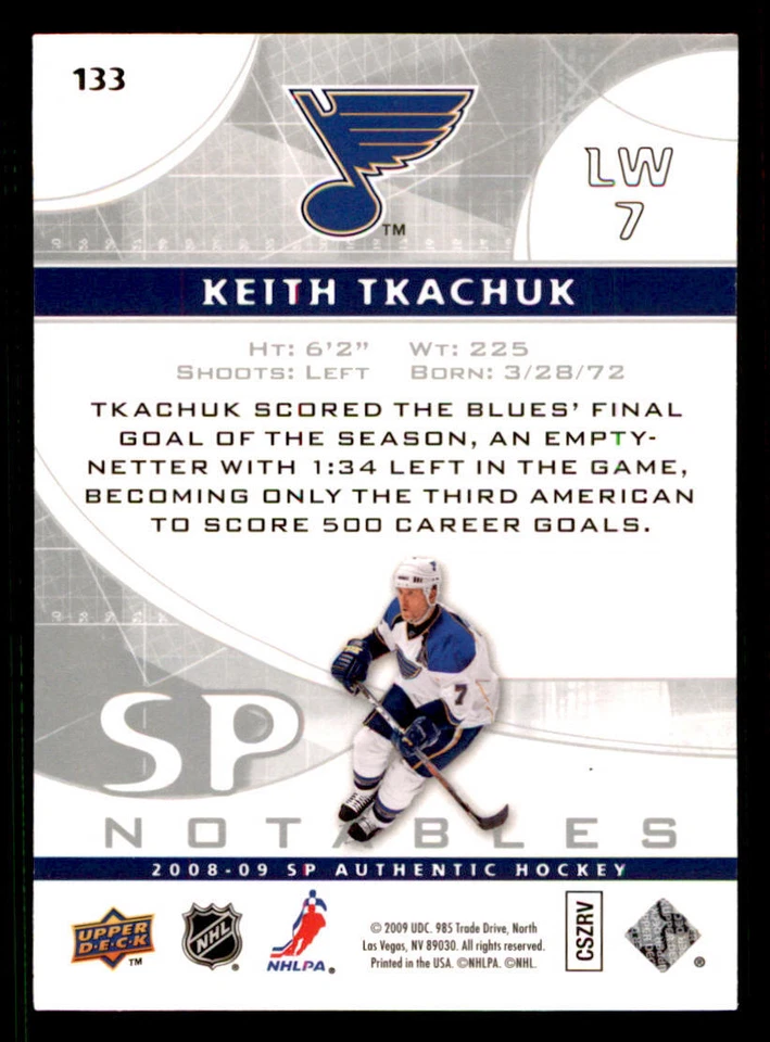 2008-09 SP Authentic #133 Keith Tkachuk N /999 - Image 2 of 2