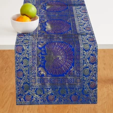 Blue Peacock Printed Table Runner Wall Tapestry, Brocade, 60 Inch Silk Formal