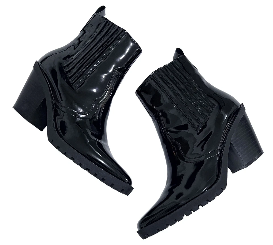 Diba Black Western Ankle Boot Cheyanne Shiny Patent Snip Toe Chunky Heel 7.5 M - Image 4 of 4
