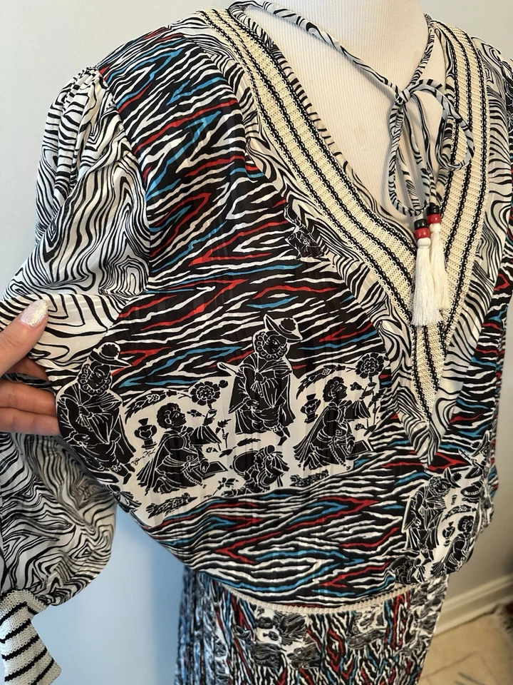 Conjunto de blusa e saia vintage anos 80 Diane Freis preto e branco boho padrão grego - Imagem 3 de 4
