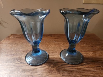 Vintage Anchor Hocking Cobalt Blue Tulip Ice Cream Sundae Glasses Set Of Two 6''