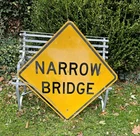 VINTAGE TRAFFIC ROAD SIGN NARROW BRIDGE YELLOW ALUMINUM RETIRED 30" DECOMMISSION