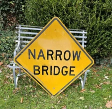 VINTAGE TRAFFIC ROAD SIGN NARROW BRIDGE YELLOW ALUMINUM RETIRED 30" DECOMMISSION