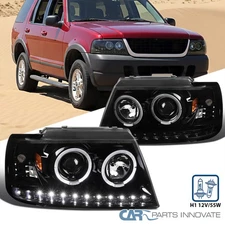 Fits 2002-2005 Ford Explorer Pearl Black Projector Headlights LED Strip Lamps