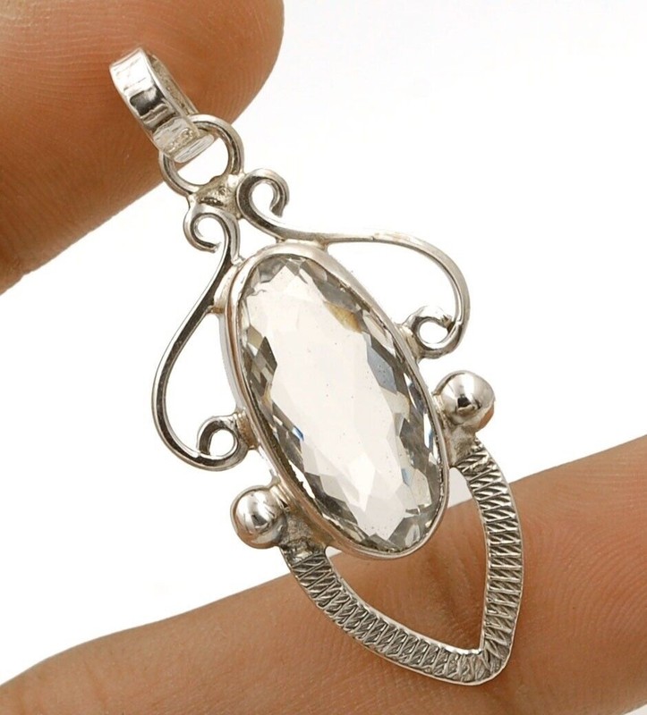 Natural 3CT White Topaz 925 Sterling Silver Pendant Jewelry 1 3/4'' Long @9-9