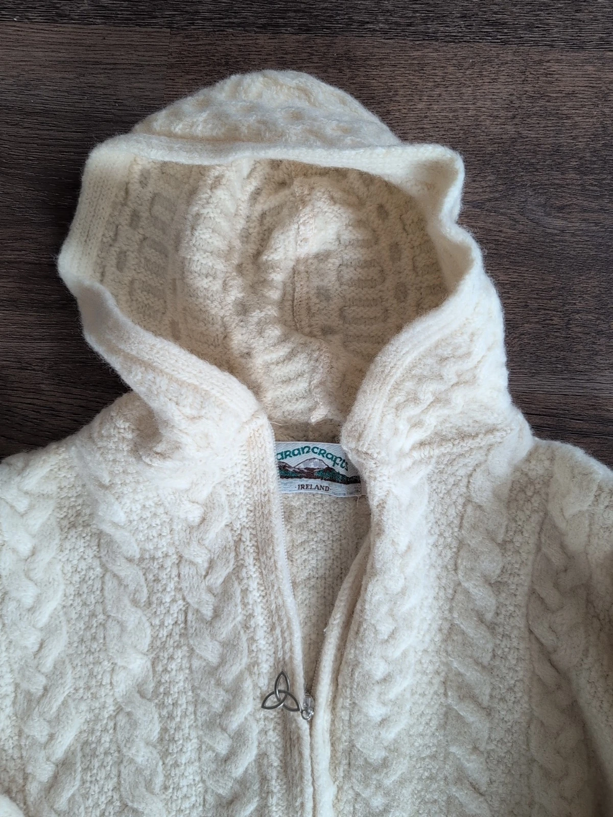 OFF WHITE Maglione Aran Crafts piccolo avorio pescatore lana merino full zip cappuccio Irlanda