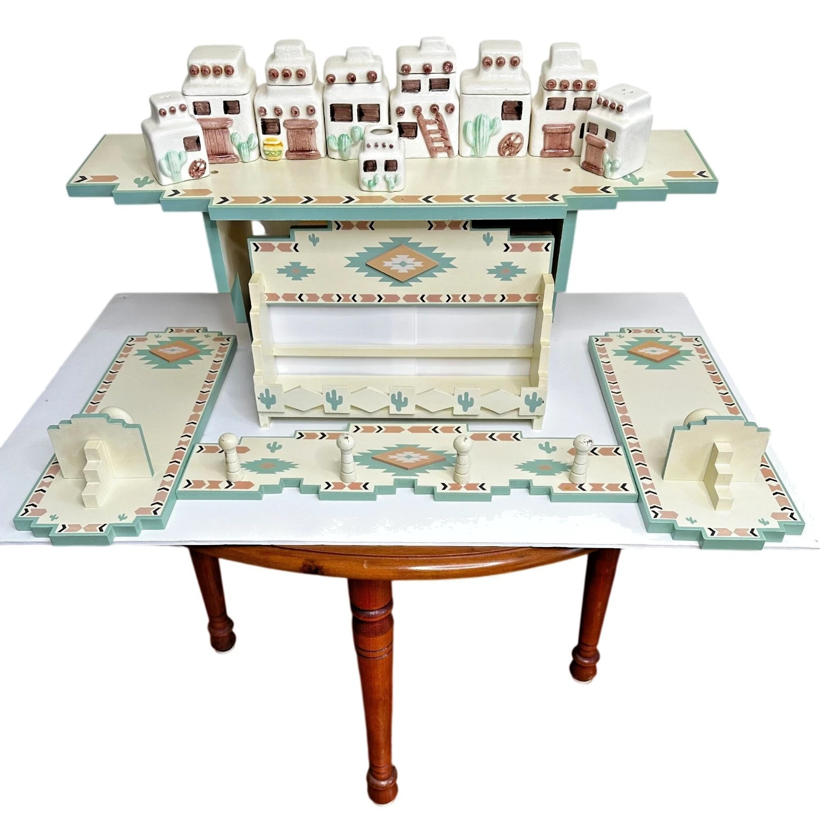 Vintage Southwestern Pueblo Ceramic Hutch Set Spice Jars Mug Rack Candle Holders