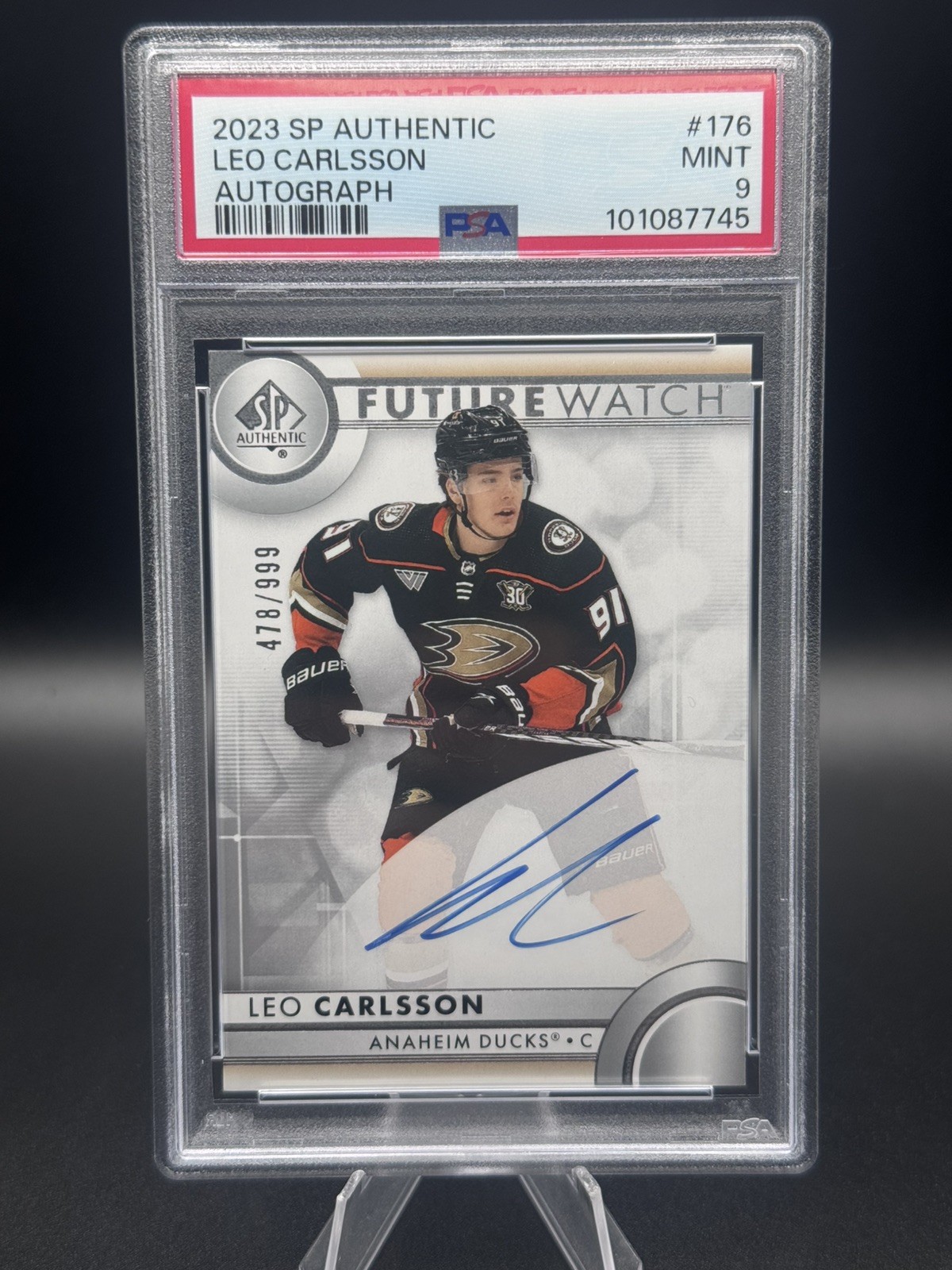 2023-24 SP Authentic Future Watch Auto Psa 9 Leo Carlsson Rookie Auto /999