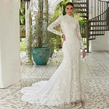 Elegant Lace Mermaid Wedding Dress High Neck Long Sleeve Court Train Bridal Gown