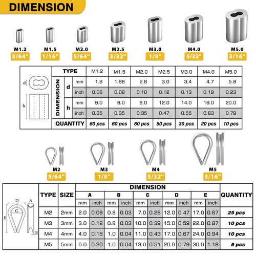 Sanuke 340PCS Stainless Steel Wire Rope Cable Thimbles Aluminum Crimping Loop... - Afbeelding 2 van 8