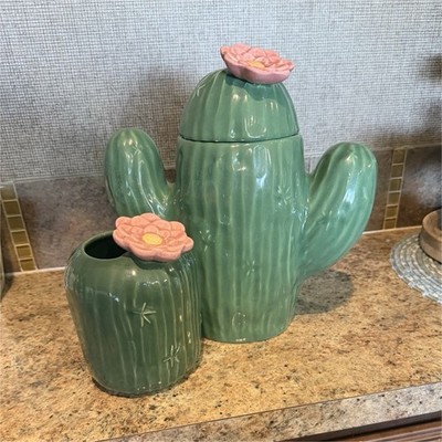 Certified International Ceramic Cactus Cookie Jar Set 2pc Green/Pink 12oz