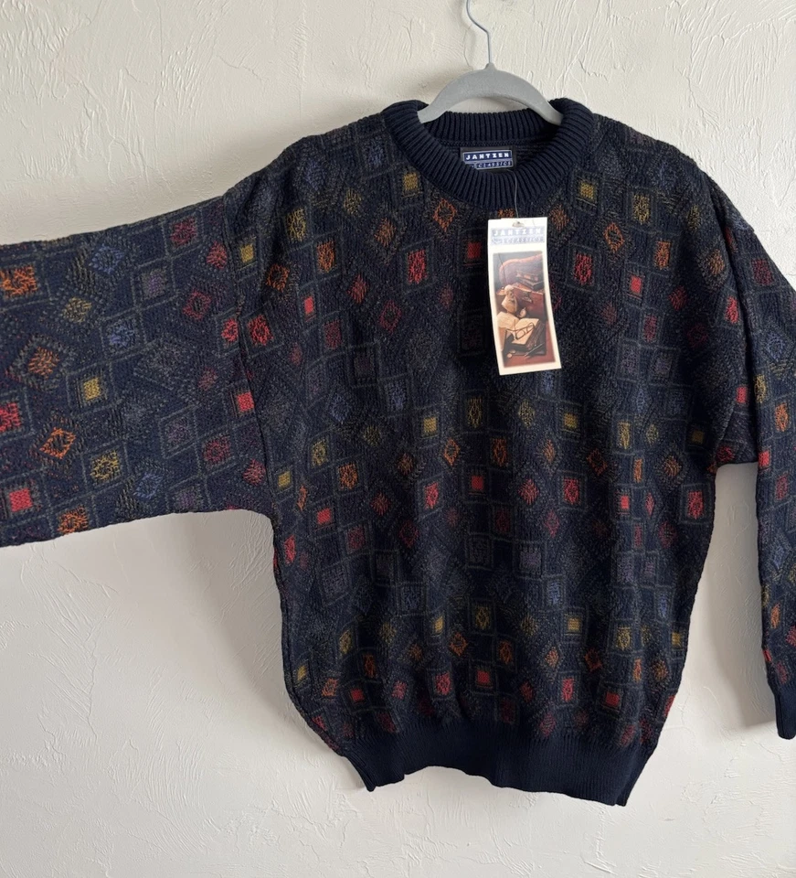 Vintage Jantzen Classics Navy Geometric Acrylic Crew Neck Grandpa Sweater Size L - Image 4 of 4