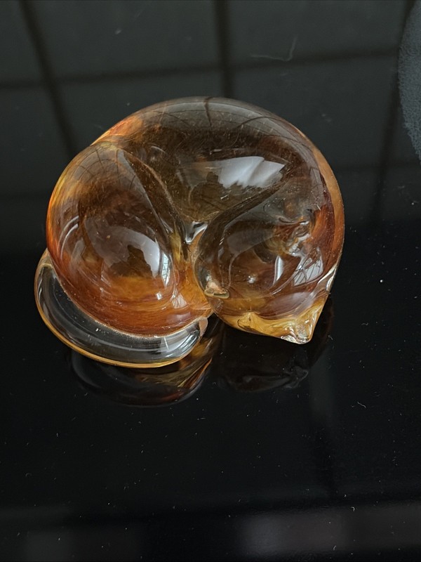 Vintage Hand Blown Amber Glass Adorable Sleeping CAT Figurine 