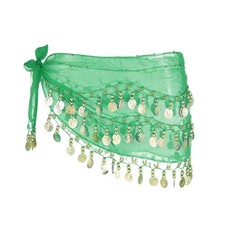 Belly Dance Hip Scarf 55x10" with 98 Gold Coin, Dark Green