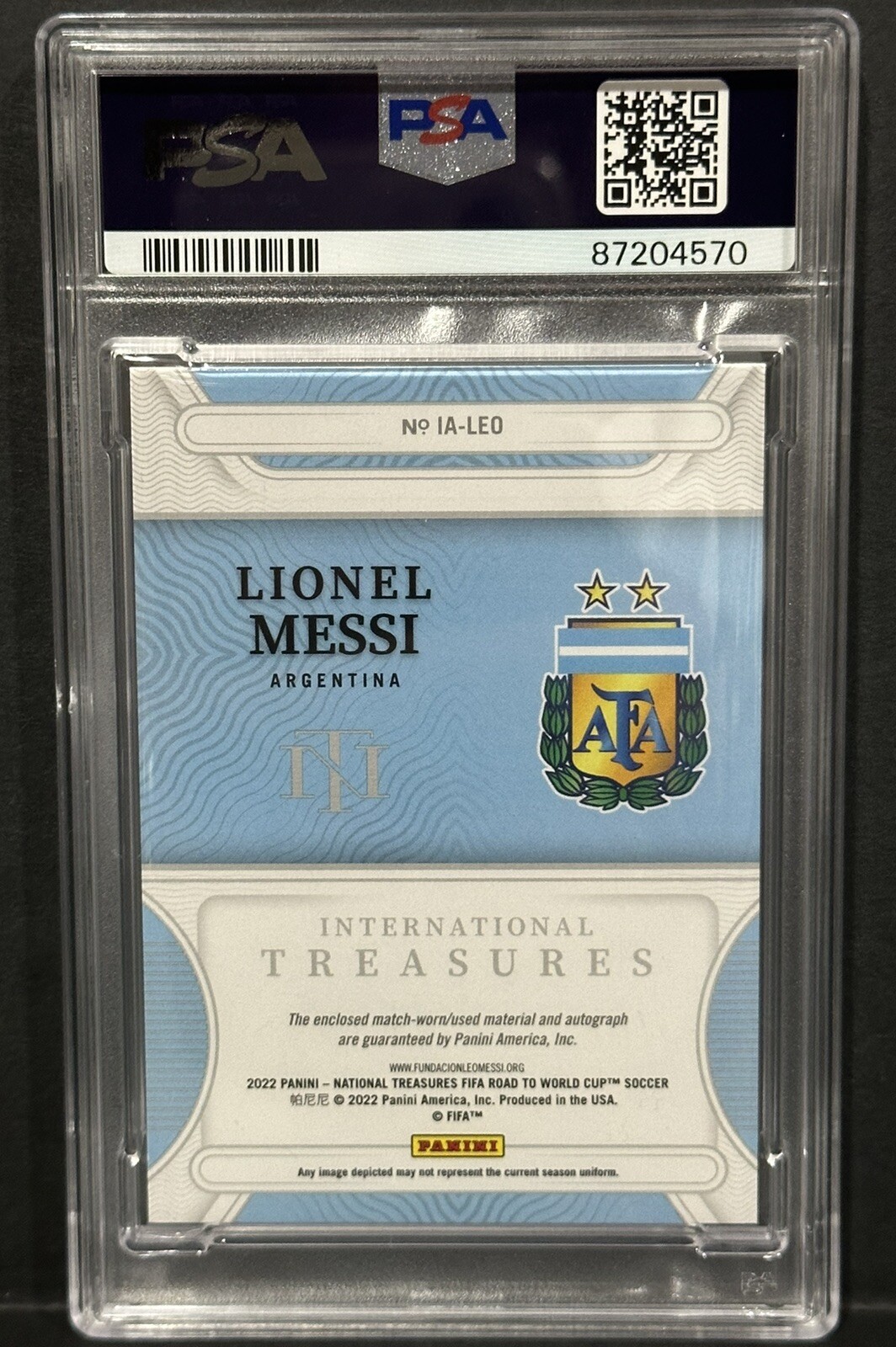 2022 National Treasures FIFA Lionel Messi Match Worn Patch Auto 10/25 PSA 10 view 4