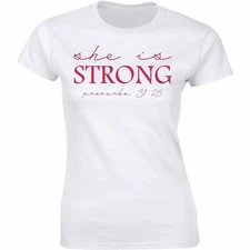 She is Strong Christian Women's T-Shirt Scripture Bible Verse Religious Faith