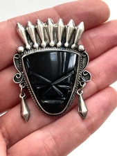 VTG Aztec Mayan Mask Brooch Carved Onyx Taxco Mexico 925 Sterling 2 3/4"L x1 1/4