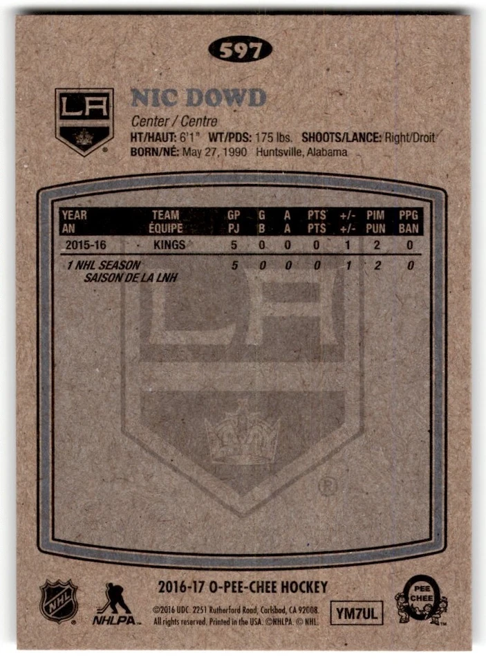Nic Dowd 2016-17 O-Pee-Chee Retro Rookie #597 Los Angeles Kings - Image 2 of 2