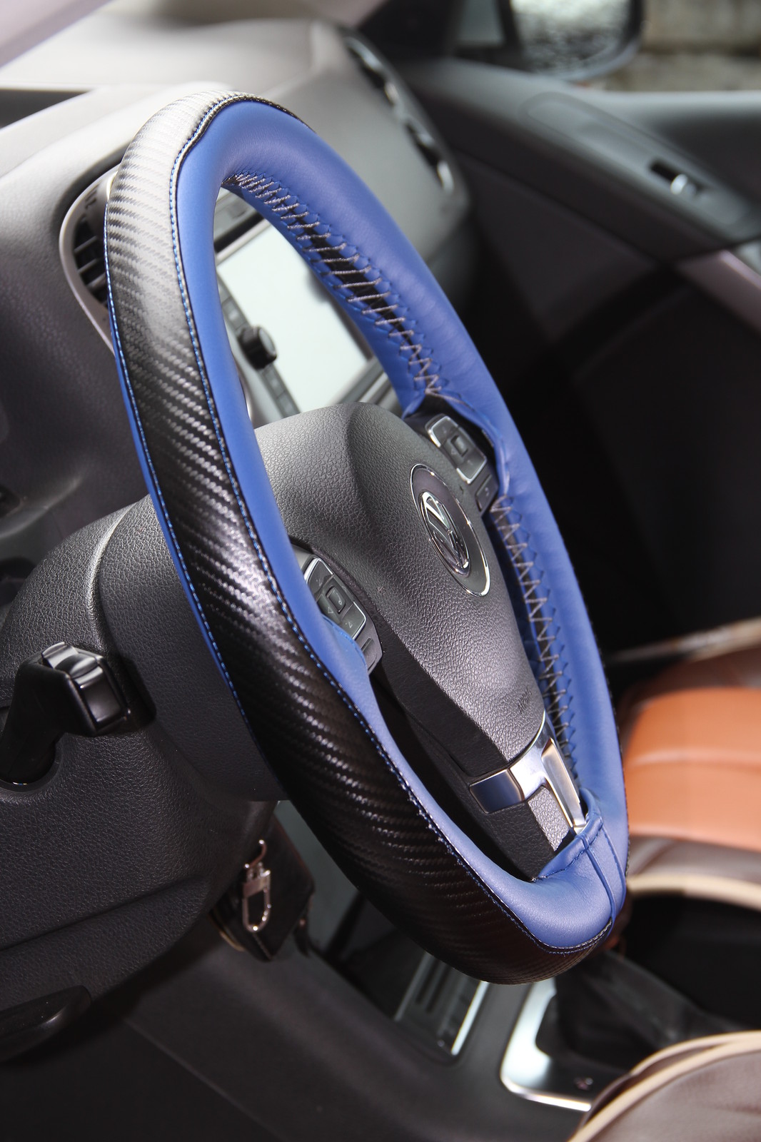 Stitch On Steering Wheel Skin Wrap Cover Blue & Carbon Fiber w/Needle
