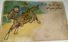 Antique American Run Away Horse Rider Cartoon Postcard! By A. Yerkes C.1907 US!