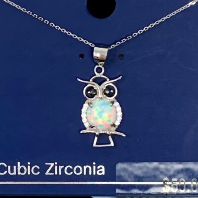 Sterling Silver Owl Pendant Necklace Opal Cubic Zirconia Bohemian Halloween Belk