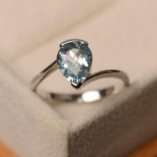 2.00 Ct Pear Cut Natural Aquamarine Engagement Ring 925 Sterling Silver Size 6
