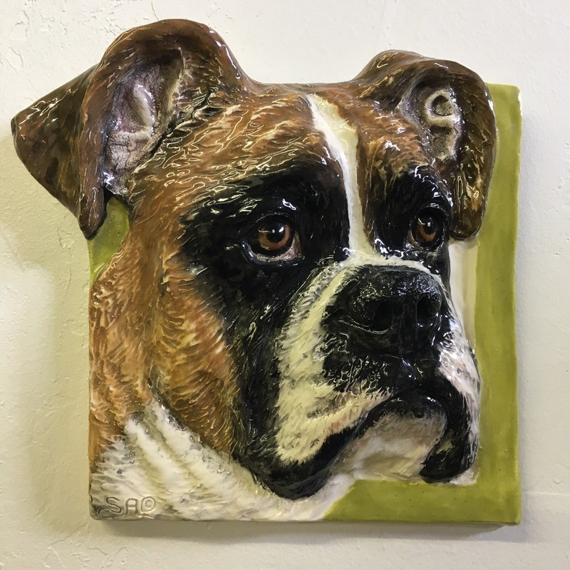 Boxer Dog Ceramic Portrait 3D Tile wall hanging handmade sculpture Alexander Art
