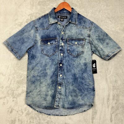 Rocawear Men s Denim Shirt Button-Up Size Medium Acid Wash Distressed
