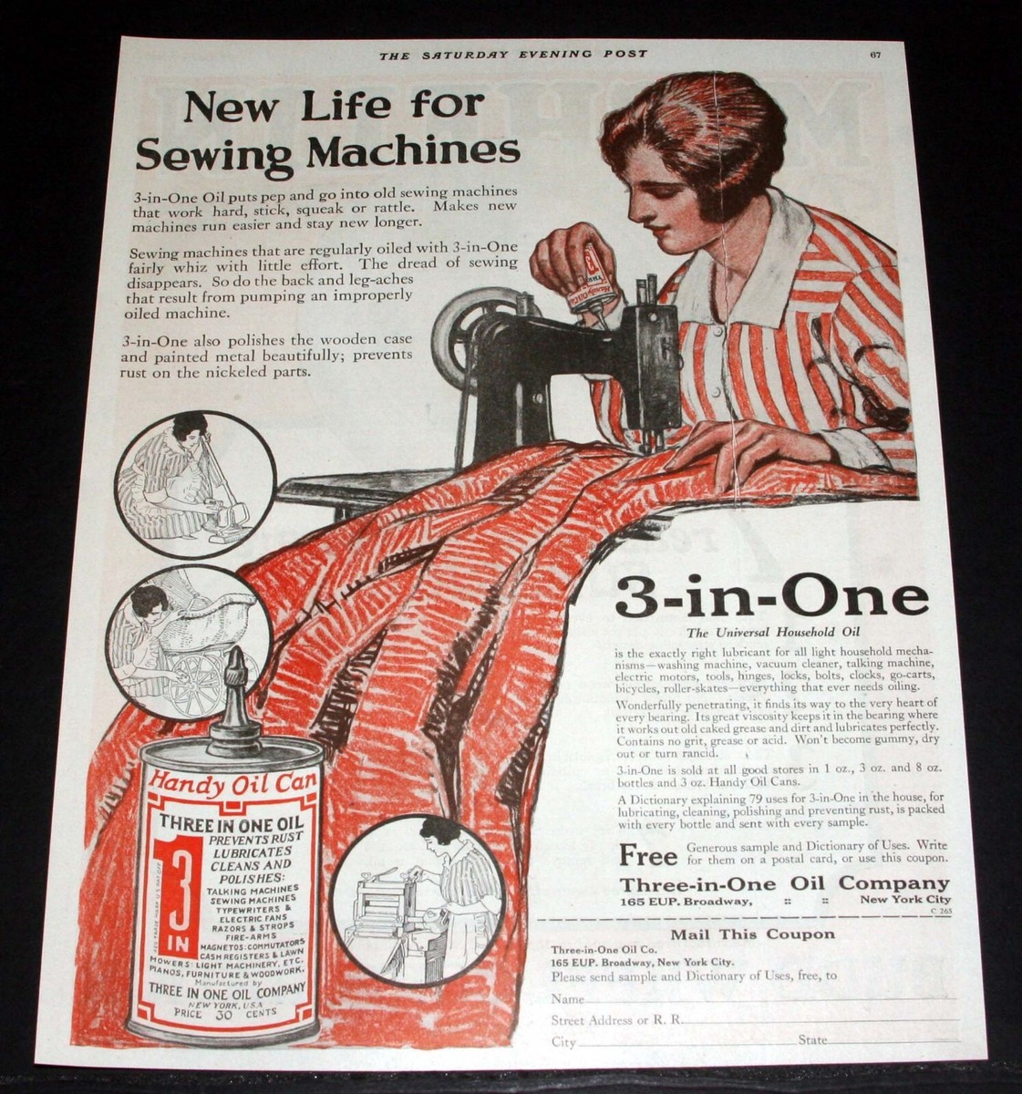 1920 OLD MAGAZINE PRINT AD, 3-IN-ONE OIL GIVES NEW LIFE FOR
