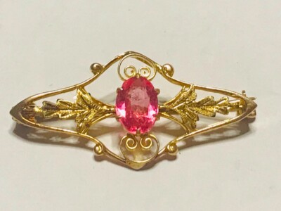 Dainty Art Deco 10K Yellow Gold Victorian Pin with Pink Tourmaline