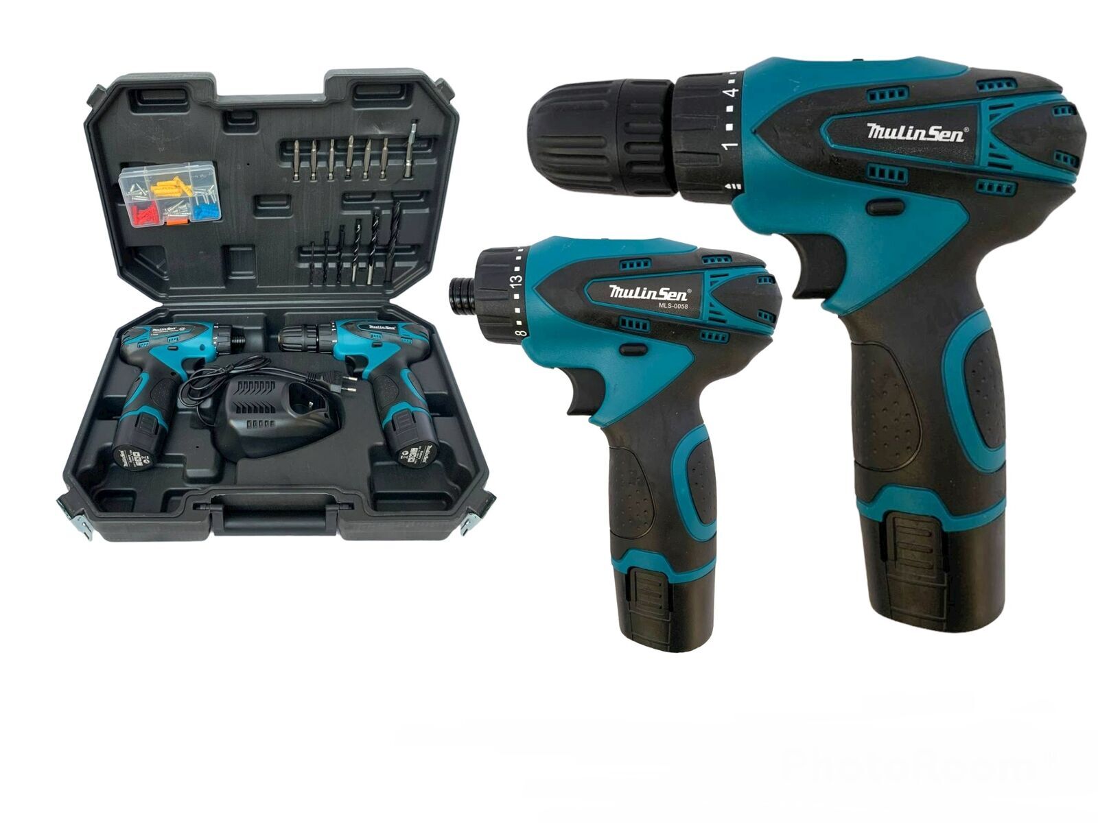 SET CON TRAPANO + AVVITATORE IMPULSI A BATTERIA 18V 2 BATTERIE E...