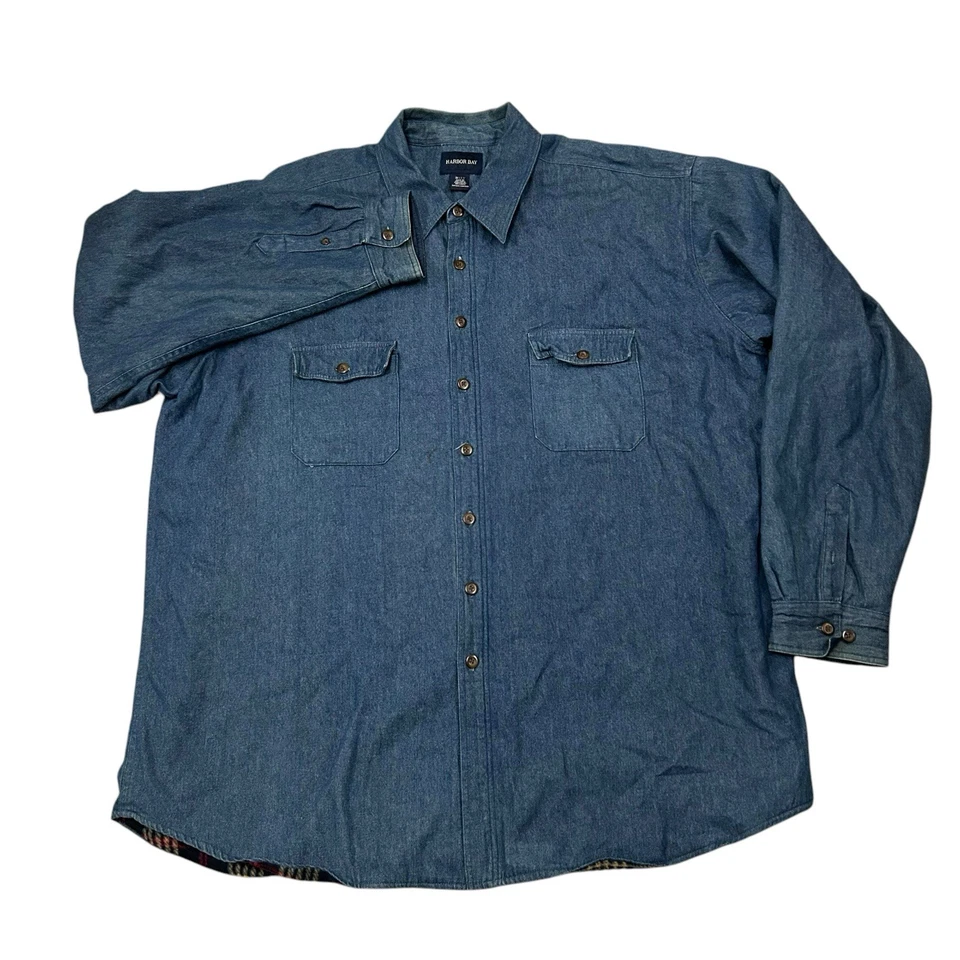 Harbory Bay Fleece Flannel Lined Chambray Denim Button Up Shacket Men's 3XLT - Image 2 of 4