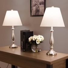 Brushed Steel Table Lamps Set of 2 LED Bulbs White Shade Lavish Home 72-LMP3006