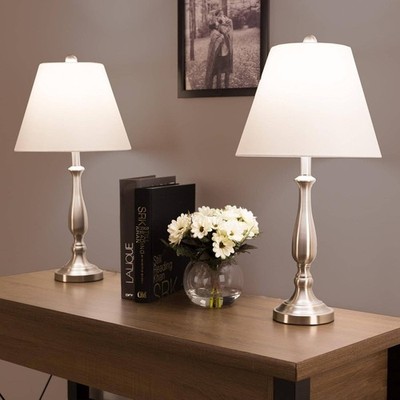 Brushed Steel Table Lamps Set of 2 LED Bulbs White Shade Lavish Home 72-LMP3006