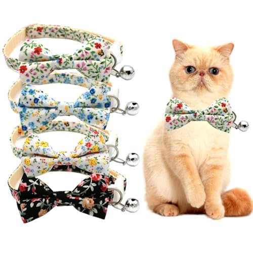 Bow Tie Small Dog Collar with Bells Cute Floral Cat Collar with Bowtie Red