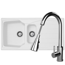 Liquida CMP15WH 1.5 Bowl White Kitchen Sink With KPO11CH Chrome Pull Out Tap
