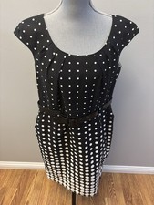 Tahari Polka Dot Dress Size 16 Black And White Belted Wiggle Body Con
