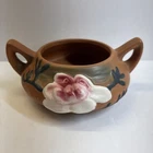 VTG Roseville Pottery Double Handle Bowl Pink Rose Floral Matte Brown ArtPottery