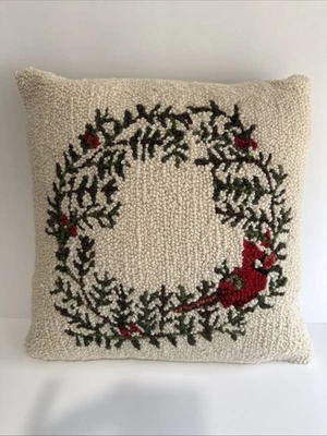 Holly Red Cardinal Bird Hooked Wool Christmas Pillow 15”x15” Velvet Back - Image 1 of 4