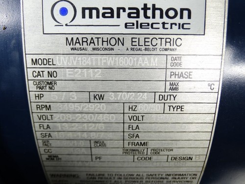 MARATHON ELECTRIC UVJV184TTFW16001AAM MOTOR - Picture 3 of 3
