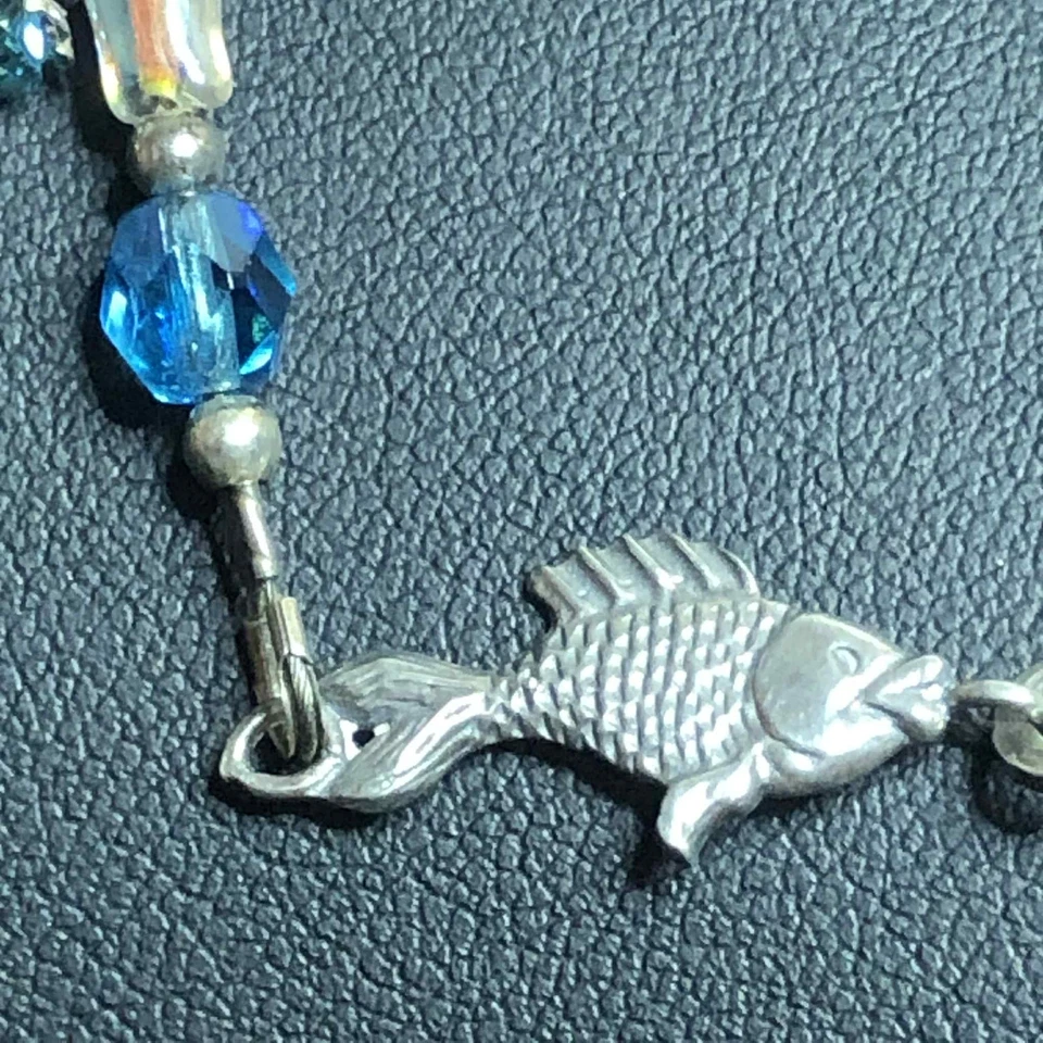 8128 Sterling 925 crystal blue faux pearl bead Fish Bracelet 7.5" for parts? - Image 4 of 4