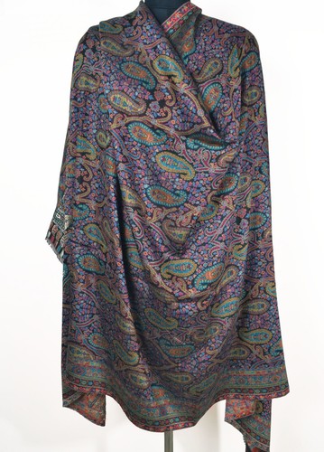 Large Black Handmade Kani Shawl. Silk Blend Pashmina Paisley Wrap. Zari work - Picture 2 of 10